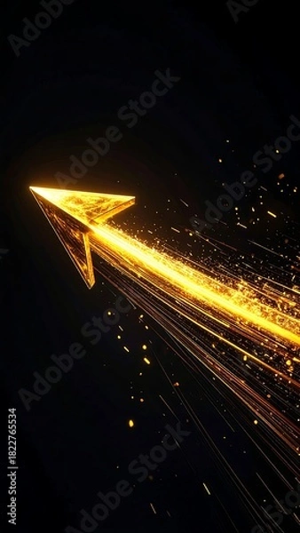 Fototapeta Glowing golden arrow, pointing upwards, surrounded by light trails, on a black background