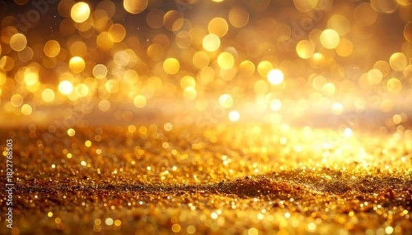 Fototapeta Glowing golden background with blurred circular highlights and sparkling ground texture