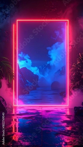 Fototapeta Glowing neon rectangle, portal to a fantastical landscape with mountains and reflections