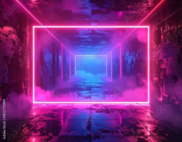 Fototapeta Glowing neon rectangle tunnel with fog and mirrored surface. Abstract modern, futuristic vibe