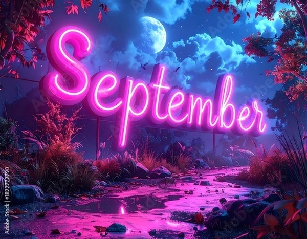 Fototapeta Glowing neon "September" sign with a fantasy landscape, river, leaves, and a full moon