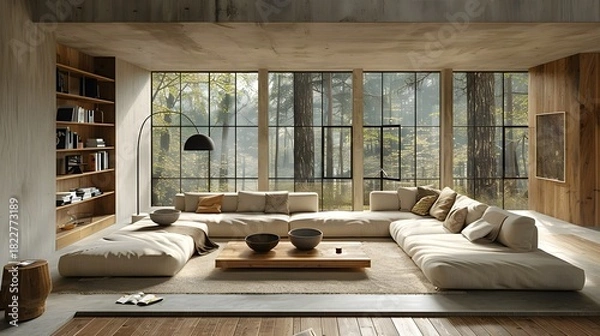 Obraz Modern Living Room Minimalist Oak White-Plaster Danish Scandinavian Style Soft Natural Light Oversized Beige Sofa Elegant Design Luxurious Calm Ambiance (AI-Generated)