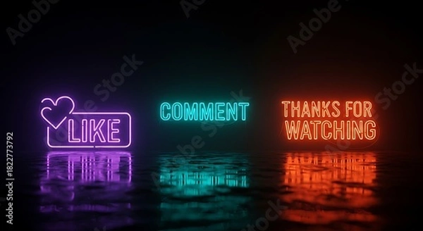 Fototapeta Glowing neon social media icons and text reflected in a wet, dark surface