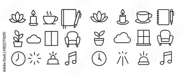 Fototapeta Minimalist icon set: nature, home, music, and relaxation elements