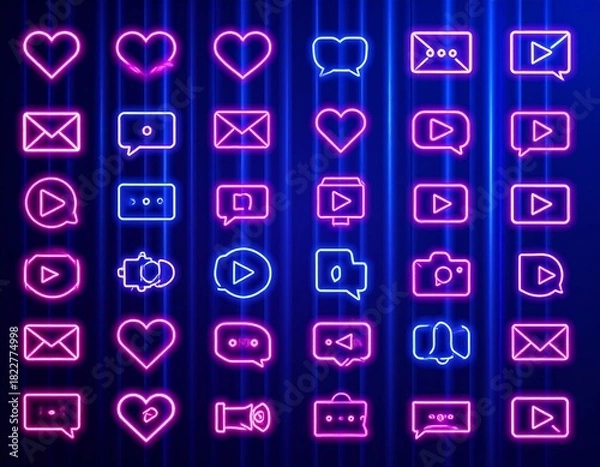Fototapeta Glowing neon social media icons in various shapes on a dark blue background with vertical lines