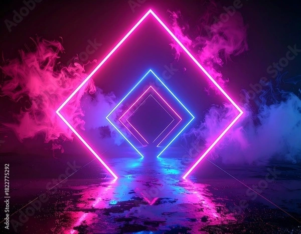 Fototapeta Glowing neon squares, layered, in a futuristic scene with vibrant smoke and a reflective surface