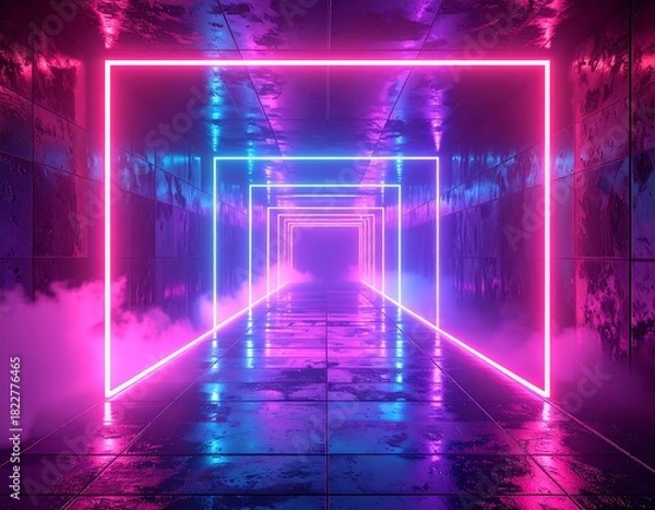 Fototapeta Glowing neon squares, leading to a hazy, atmospheric portal, reflecting on a wet, tiled floor