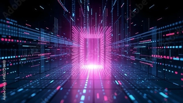 Obraz digital door portal gateway dimension in glowing neon line on industry industrial space with fast speed dynamic motion 