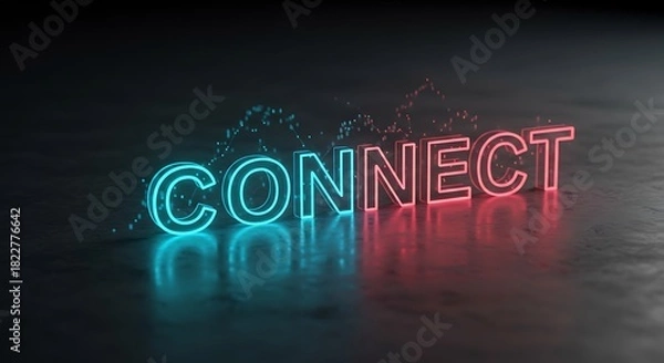 Fototapeta Glowing neon word "CONNECT" in cyan and magenta on a textured dark surface