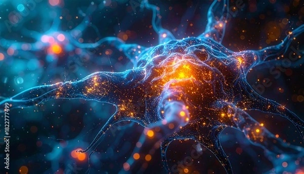 Fototapeta Glowing neuron cell with intricate network, highlighting nerve impulses.  Abstract, scientific illustration