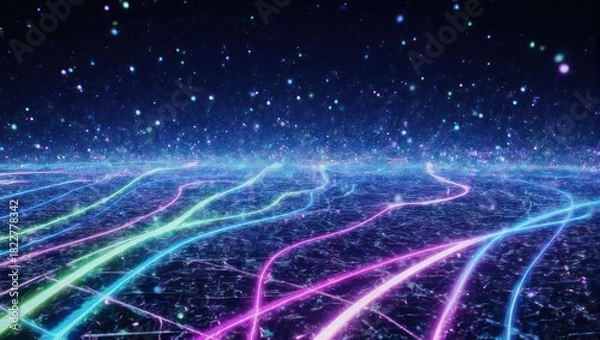 Fototapeta Abstract digital artwork with flowing neon lines, resembling a futuristic landscape