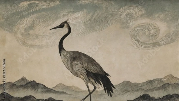 Obraz An elegant crane stands tall against a backdrop of swirling clouds and distant, muted mountains