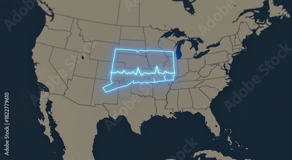 Fototapeta Glowing outline of a state within the US, with an ECG trace superimposed