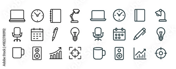 Fototapeta Office supplies icons set: laptop, clock, notebook, lamp, chair, calendar, pen, mug, graph, speaker, focus