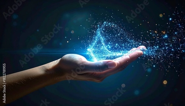 Fototapeta Glowing particles form a geometric shape over a human hand on a dark blue background