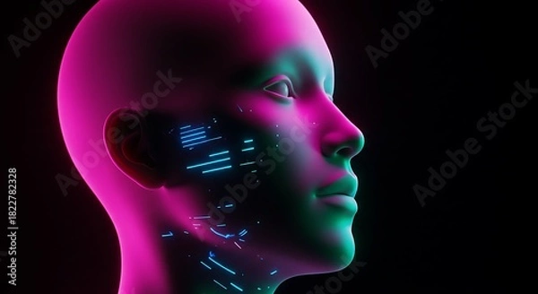 Fototapeta Glowing portrait, cyberpunk aesthetics, futuristic human-like face, profile, neon light