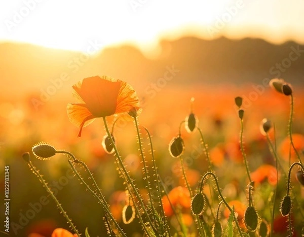 Fototapeta Glowing poppies in a field at sunset, bathed in warm, golden light. Backlit buds enhance the scene