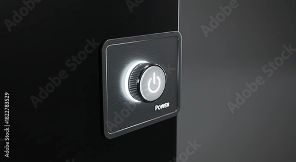 Fototapeta Glowing power button on a glossy black surface. Illumination, control, on/off concept