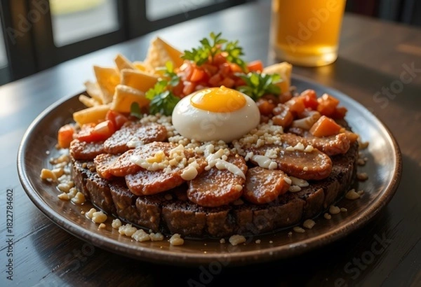 Fototapeta bandeja paisa. Hearty breakfast plate featuring chorizo slices, a perfectly cooked egg yolk, crispy tortilla chips, and fresh garnish.