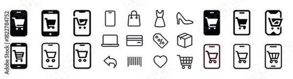 Fototapeta E-commerce icons: shopping carts, mobile devices, clothing, payment, and delivery symbols