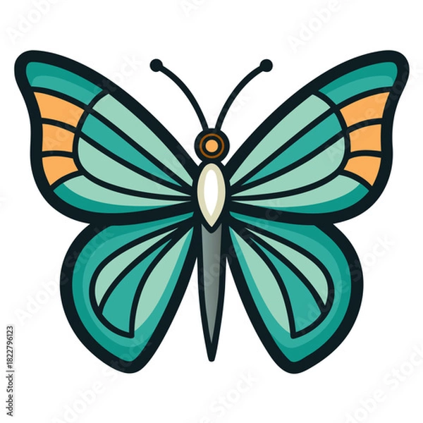 Fototapeta Teal and orange butterfly illustration with dark outline Keywords: butterfly, insect, teal, orange, yellow, white, grey, black outline, wings