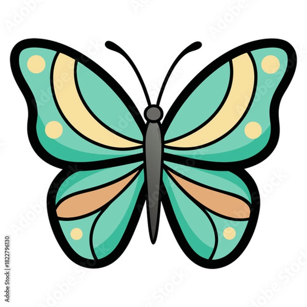 Fototapeta Teal and yellow butterfly illustration with dark outline Keywords: butterfly, insect, teal, yellow, orange, light blue, grey, black outline, wings