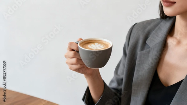 Fototapeta A stylish woman in a blazer holds a cup of coffee with latte art. The minimalist setting and elegant presentation create a modern and sophisticated feel.