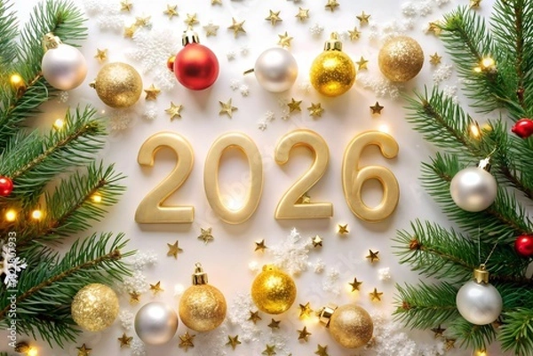 Fototapeta Golden 2026 numbers with festive christmas decorations and ornaments, isolated on white background