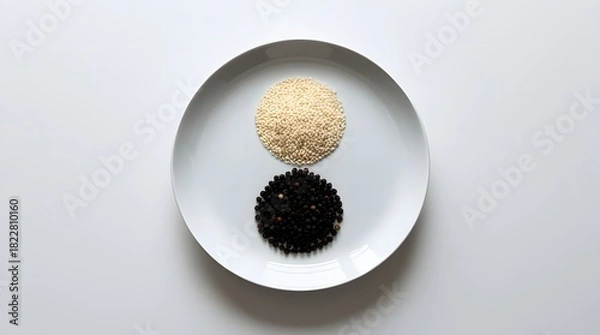 Fototapeta White and black sesame seeds arranged on a plate, isolated on white background