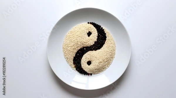 Fototapeta White and black sesame seeds arranged on a plate, isolated on white background