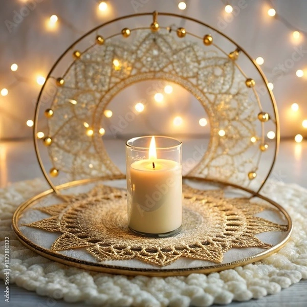 Fototapeta Warm glowing candle on a decorative mat with festive string lights in the background