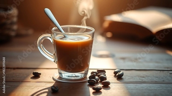 Fototapeta Steaming cup of coffee with spoon and scattered beans on a rustic wooden table
