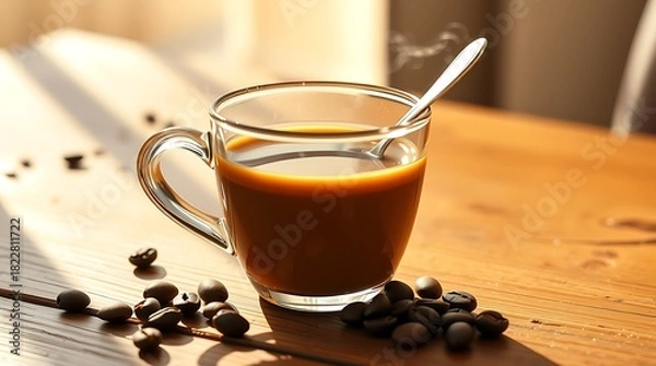 Fototapeta Steaming cup of fresh coffee with scattered beans on a rustic wooden table in morning light