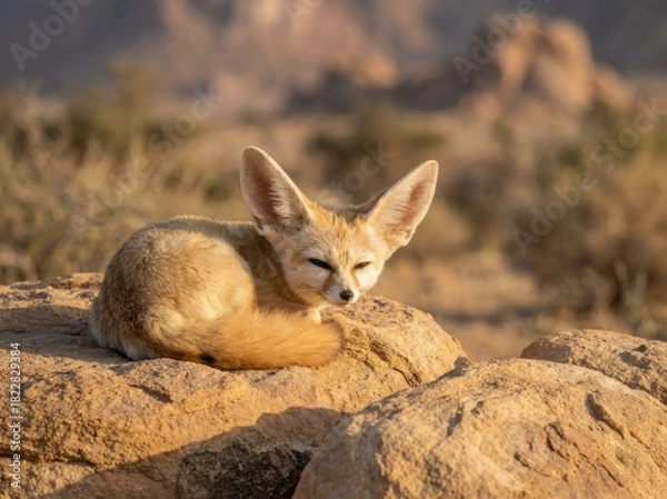Obraz A Fennec fox rests on a rock in a desert environment, basking in sunlight.