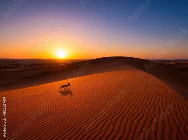 Obraz A lone fox traverses a desert dune at sunset, casting a long shadow on the sand.