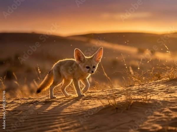Obraz A captivating image of a Fennec fox gracefully traversing the desert landscape during sunset.