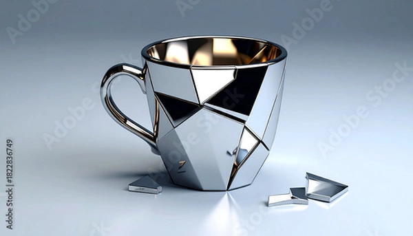Obraz Shiny metallic cubic coffee cup in a modern surreal style. Minimal, futuristic and eye-catching design perfect for branding, advertising and creative digital projects.