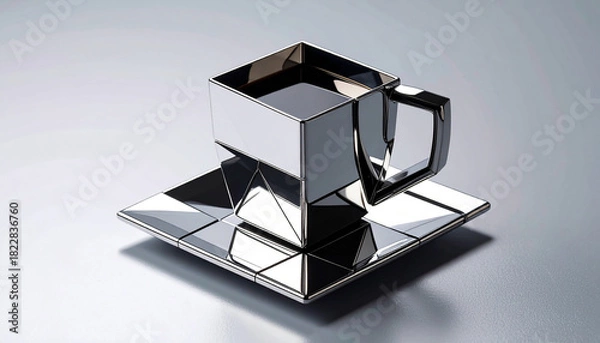 Fototapeta Shiny metallic cubic coffee cup in a modern surreal style. Minimal, futuristic and eye-catching design perfect for branding, advertising and creative digital projects.