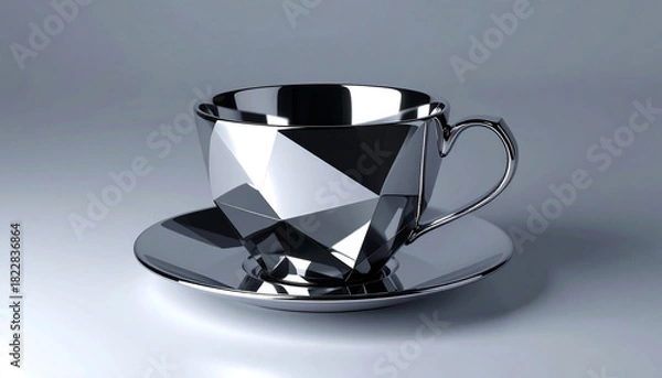 Obraz Shiny metallic cubic coffee cup in a modern surreal style. Minimal, futuristic and eye-catching design perfect for branding, advertising and creative digital projects.