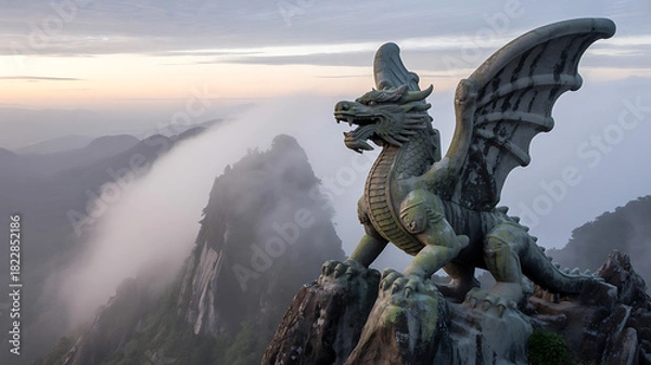 Fototapeta Aggressive Dragon Statue on Misty Mountain Peak Celebrating Chinese New Year Myth and Majesty