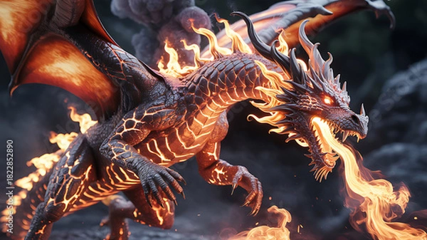 Fototapeta Fire-Breathing Lava Dragon with Glowing Cracks in Smoky Night Celebrating Chinese New Year Power and Myth