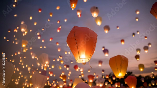 Fototapeta Twilight Sky Filled with Floating Lanterns Celebrating Chinese New Year Hope and Unity
