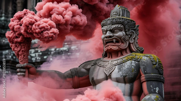 Fototapeta Fierce Red and Gold Warrior Statue with Smoke Flare Celebrating Chinese New Year Strength and Legacy