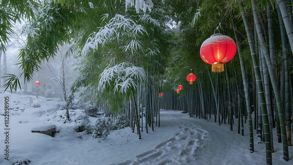 Fototapeta Snowy Bamboo Forest Path with Hanging Red Lanterns Celebrating Chinese New Year Serenity