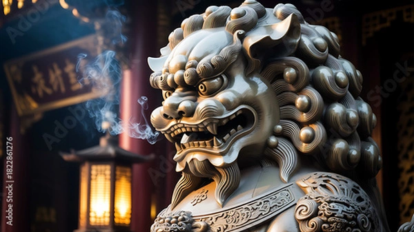 Fototapeta Fierce Guardian Lion Statue with Mystical Smoke in Front of Chinese Temple for New Year