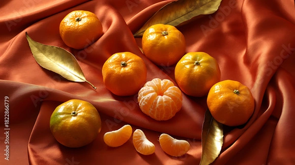 Fototapeta Mandarin Oranges on Satin Fabric Symbolizing Prosperity for Chinese New Year