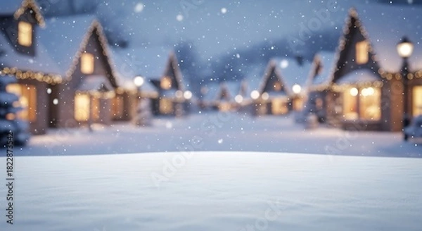 Obraz Snow Covered Surface with Blurred Festive Winter Village Background and Falling Snow