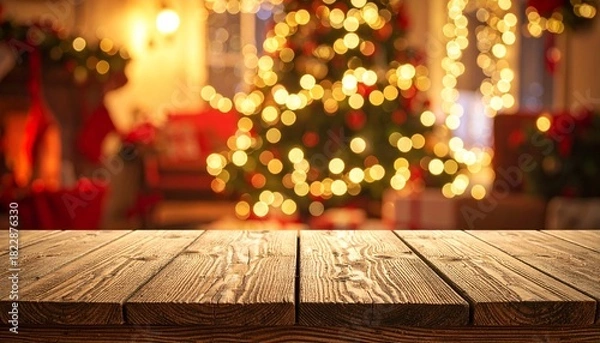 Fototapeta Empty rustic wooden tabletop with a blurred background of a cozy living room decorated for Christmas featuring a glowing tree and warm fireplace