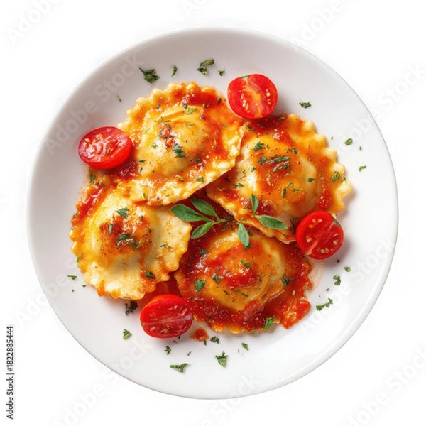 Fototapeta Tasty appetizing Ravioli with tomato sauce on white bowl, top view on white background