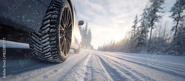 Obraz A vehicle's tire on a snowy road with trees and sunlight in the background